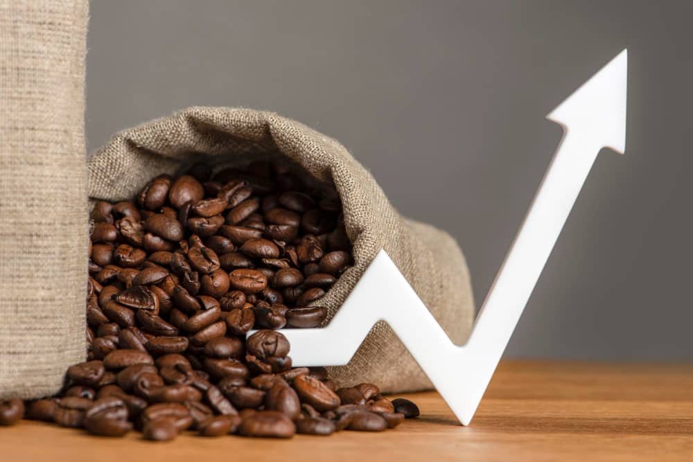 zuma coffee bag coffee beans chart arrow pointing-up cost coffee markets world concept growth cost coffee beans