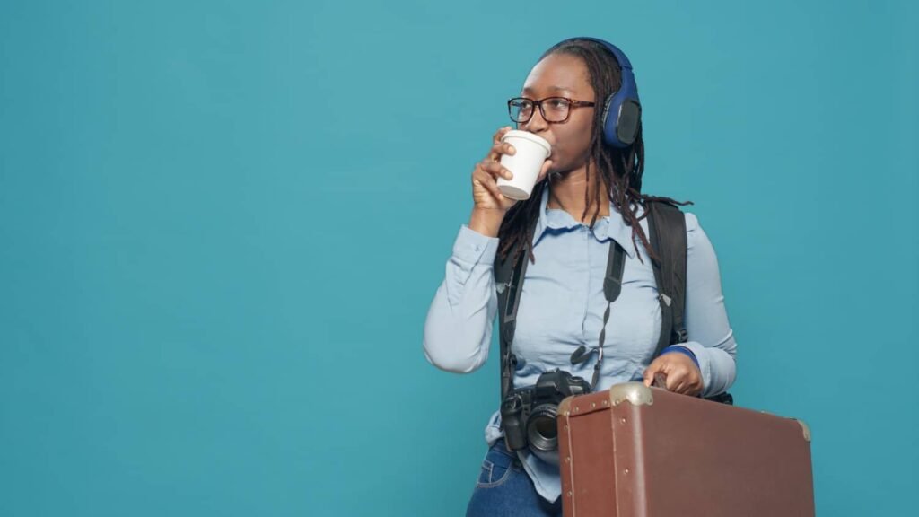 zuma coffee woman carrying suitcase backpack