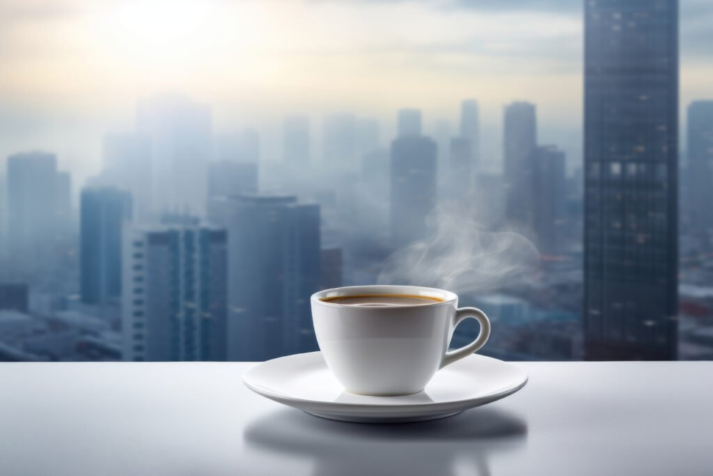 white tea cuo of morning coffee on white saucer sitting on a white table with buildings as background