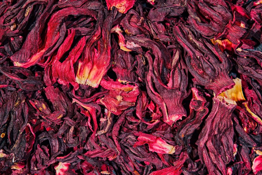 Heap of dry hibiscus for Zobo Latte Recipe