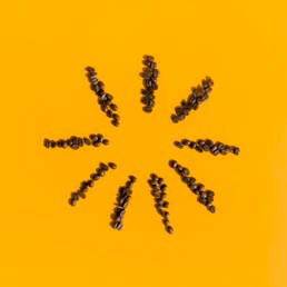 Beans arranged in lines on yellow background -Coffee Inspires Creativity